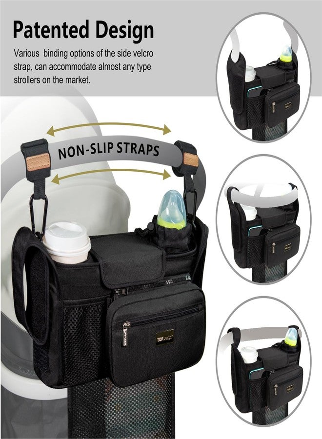 TOPDesign Universal Baby Stroller Organizer, Stroller Caddy with Detachable Mesh Bag & Heightened Insulated Cup Holders & Non-Slip Secure Hooks Accessories, Fits Most Strollers (Black) - Image 4